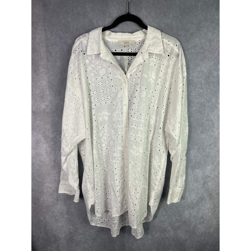 LOFT White Eyelet Embroidered Cotton Button Up Shirt Blouse XXL